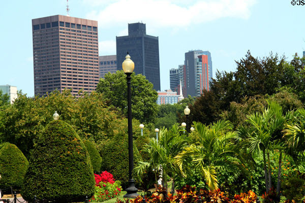 Boston Public Garden fence & Boston skyline. Boston, MA.