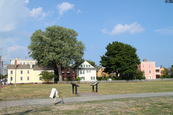 Heritage houses lining field leading to Salem's Central Wharf. Salem, MA.