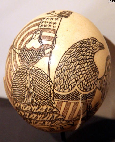 Scrimshawed ostrich egg (c1850) at Peabody Essex Museum. Salem, MA.