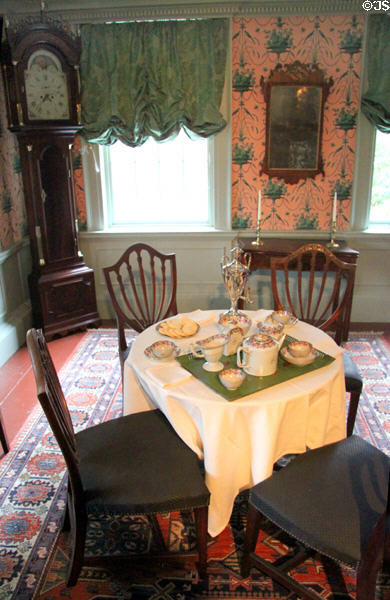 Overview of federal-style parlor of Crowninshield-Bentley House of Peabody Essex Museum. Salem, MA.