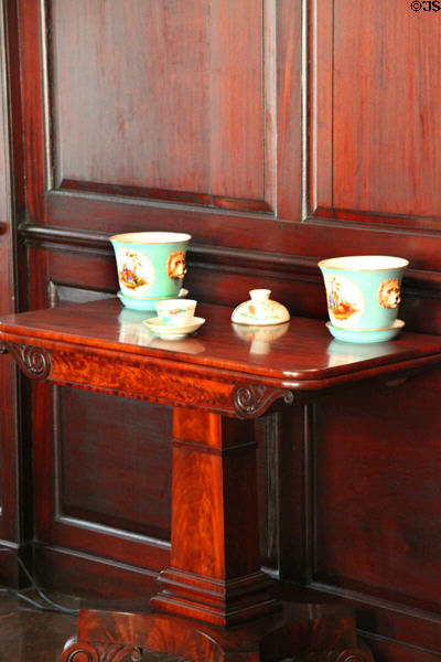 Side table with porcelain in Paneled Room at Peacefield. Quincy, MA.