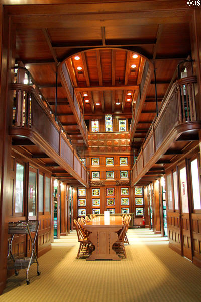 Interior woodwork balconies designed by Henry Hobson Richardson in Quincy Public Library. Quincy, MA.