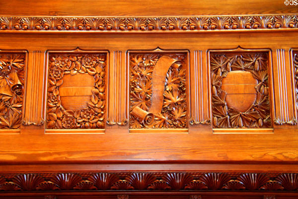 Floral carvings on fireplace in Richardson's wing of Quincy Public Library. Quincy, MA.