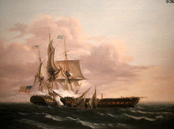 Naval Engagement Between the Constitution & the Guerrière painting (1813) by Thomas Birch at Museum of Fine Arts. Boston, MA.