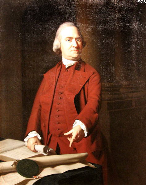 Samuel Adams holding petition to expel British after Boston Massacre portrait (1772) by John Singleton Copley at Museum of Fine Arts. Boston, MA.