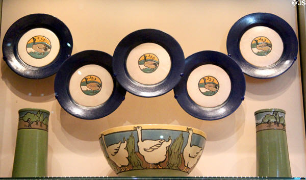 Collection of pottery vessels (1913-24) by Paul Revere Pottery of Boston at Museum of Fine Arts. Boston, MA.