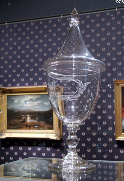 Blown glass urn with cover in commemoration of George Washington (c1832) by New England Glass Co. at Museum of Fine Arts. Boston, MA.