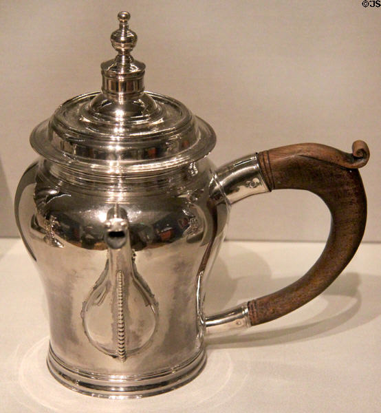 Silver chocolate pot (1701) by John Coney of Boston at Museum of Fine Arts. Boston, MA.
