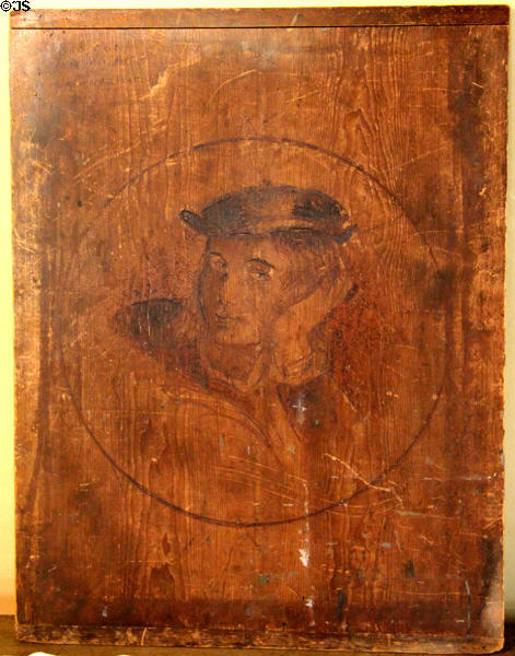 Portrait of Raphael burned in wood by May Alcott at Orchard House. Concord, MA.