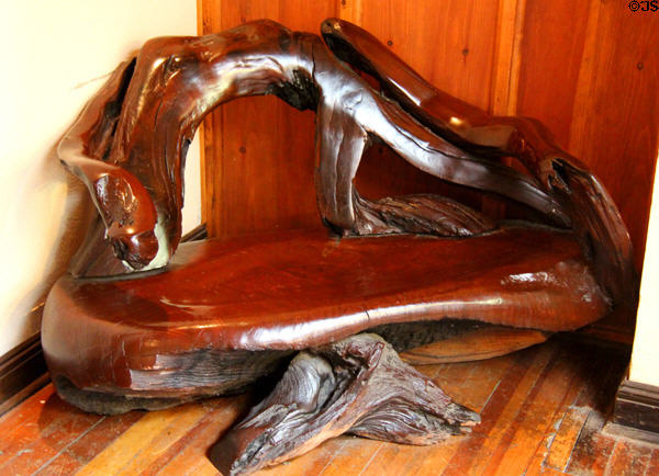 Rustic wooden bench at Hammond Castle Museum. Gloucester, MA.