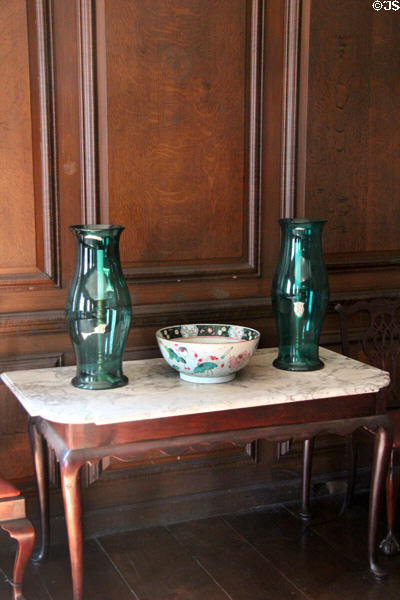 Side-table with candle shades & punch bowl in drawing room at Jeremiah Lee Mansion. Marblehead, MA.
