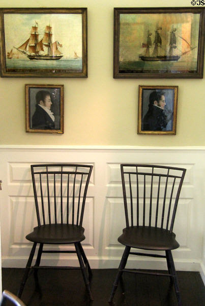 Ship paintings, portraits & sidechairs in office at Jeremiah Lee Mansion. Marblehead, MA.