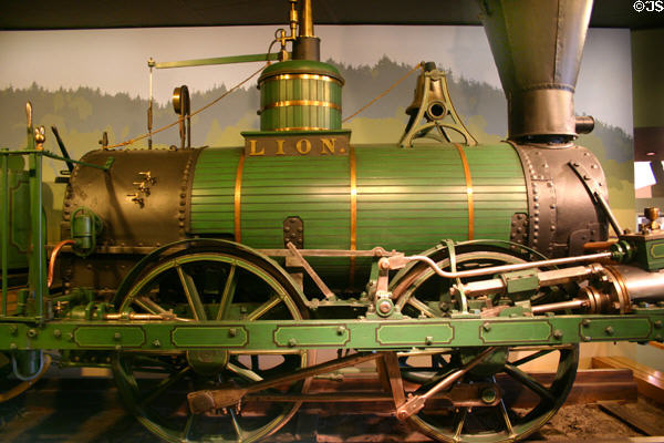 Lion Locomotive details of drive wheels in Maine State Museum. Augusta, ME.