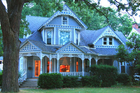 Queen Anne house with lacework trim (131 Morse St.) at dusk. Coldwater, MI.