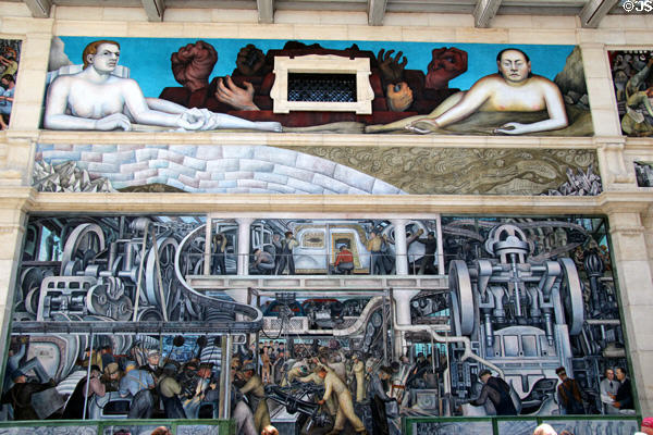 South wall depicting final stage of auto production on Detroit Industry Murals by Diego Rivera at Detroit Institute of Arts. Detroit, MI.