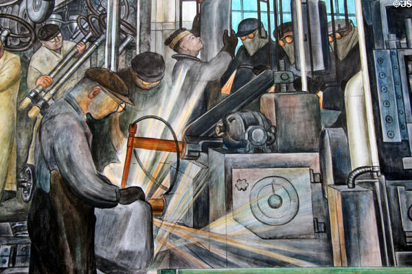 Grinding panels on south wall of Detroit Industry Murals by Diego Rivera at Detroit Institute of Arts. Detroit, MI.