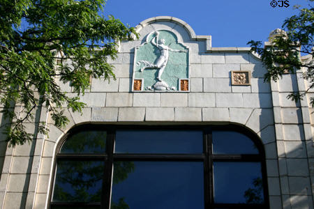 Former Montgomery Ward building (1930) (25 E 8th St.) with company's Spirit of Progress symbol in tile. Holland, MI. Style: Art Deco.