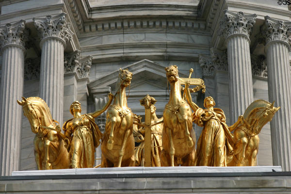 The Progress of the State sculpture group by Daniel Chester French & Edward Potter at base of dome of Minnesota State Capitol. St. Paul, MN.