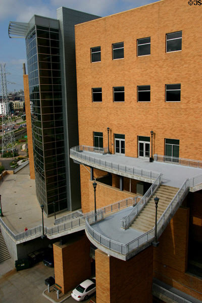 Side terraces of Science Museum of Minnesota leading to Mississippi River. St. Paul, MN.