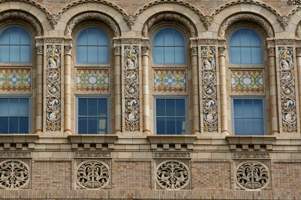 Brickwork & decorative tiles on Mayo Clinic Plummer Building. Rochester, MN.