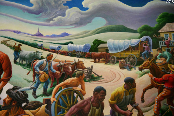 Preparing wagon train to move across Missouri prairies on mural by Thomas Hart Benton at Truman Museum. Independence, MO.