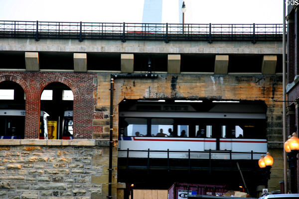 Transit stop on Eads Bridge approach in Laclede's Landing historic district. St Louis, MO.