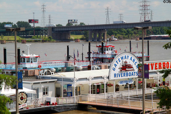 Riverboat tourboat landing at St. Louis on Mississippi River. St. Louis, MO.