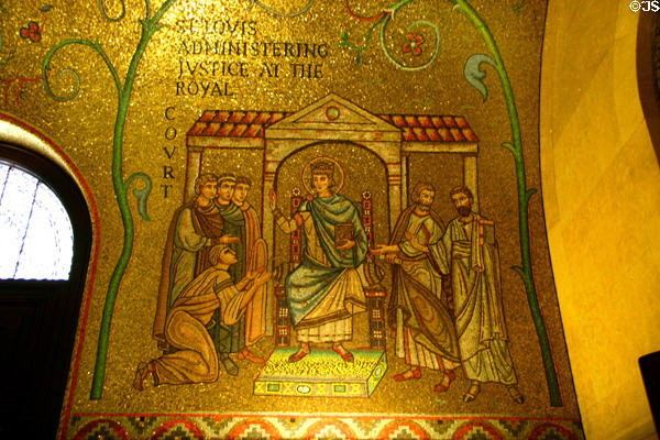 Saint Louis administering justice at the royal court mosaic at St Louis Cathedral. St Louis, MO.