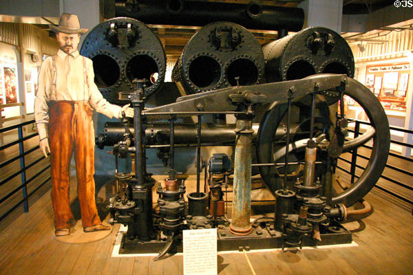 Arabia's water pumps to feed water to boilers at Steamboat Arabia Museum. Kansas City, MO.