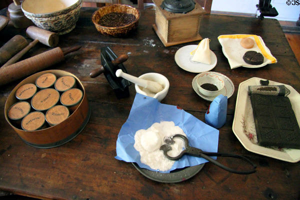 Spice box, sugar clipper & food preparation devices in kitchen at John Wornall House Museum. Kansas City, MO.