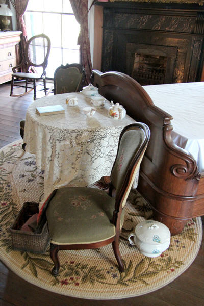 Foot of half-tester bed at Beauvoir. Biloxi, MS.