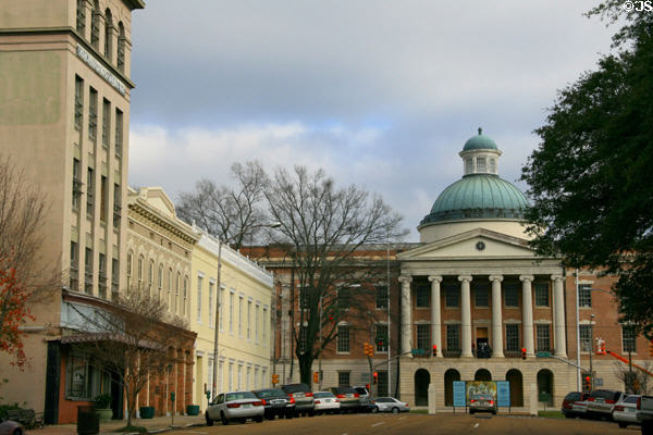 Old Mississippi State Capitol with heritage buildings along Capitol Street. Jackson, MS.