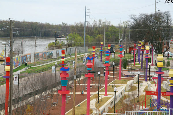Vicksburg Riverfront Park with sculpted towers. Vicksburg, MS.