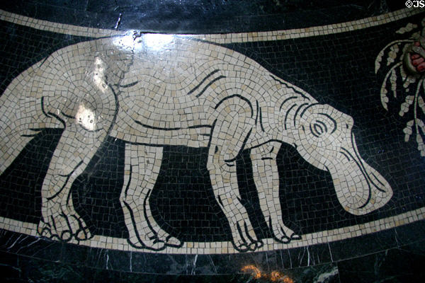 Detail of Rotunda floor mosaic of prehistoric dinosaur in Nebraska State Capitol. Lincoln, NE.