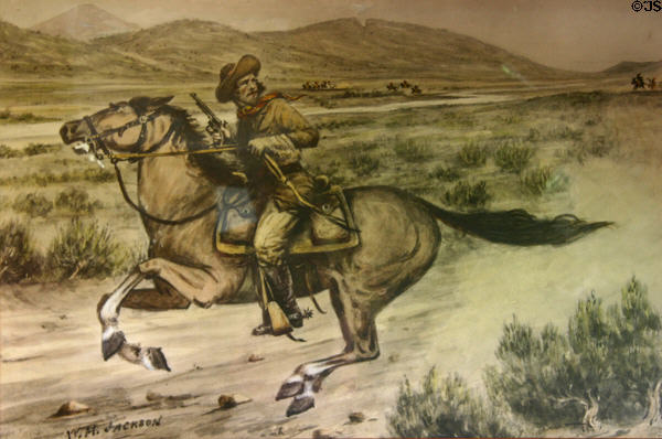 Engraving of Pony Express rider at Warp Pioneer Village. Minden, NE.