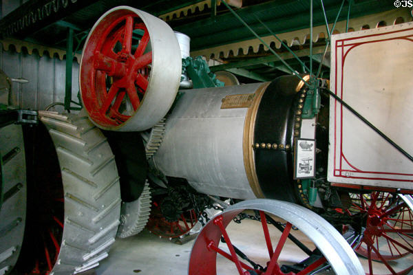 Huber steam engine (1890) with return flue which got more energy out of fuel by placing smokestack over fire door so heat was extracted in both directions at Warp Pioneer Village. Minden, NE.