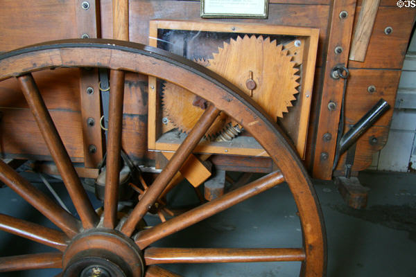 Model of wagon odometer used (1847) by Mormons to tell how far they went each day at Scout's Rest. North Platte, NE.