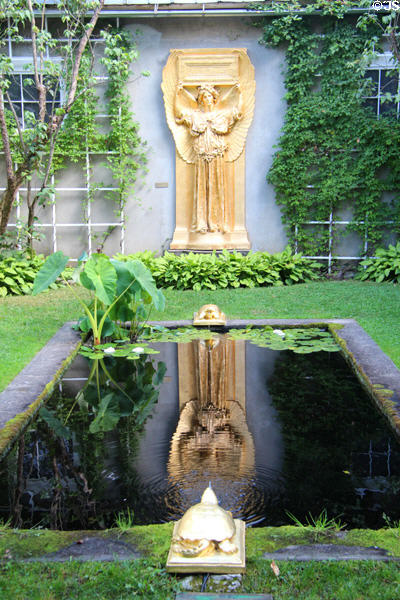 Gallery courtyard with Amor Caritas reflected in pool at Saint-Gaudens NHS. Cornish, NH.