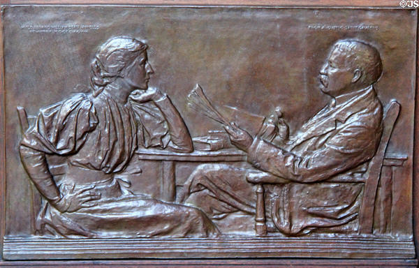 The Howells, William Dean & daughter Mildred, bronze portrait relief (1888) by Augustus Saint-Gaudens at Saint-Gaudens NHS. Cornish, NH.