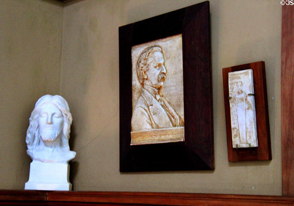 Marble study for head of Christ (1907), Josiah Gilbert Holland plaster portrait relief (1881), & Charles A. Platt plaster portrait relief (1904) all by Augustus Saint-Gaudens at Saint-Gaudens NHS. Cornish, NH.