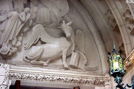 Relief of bull symbol of Evangelists Luke over portal of Princeton University Chapel. Princeton, NJ.