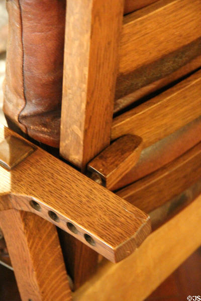 Arts & Crafts reclining arm chair adjustment mechanism at Stickley Museum at Craftsman Farms. Morris Plains, NJ.
