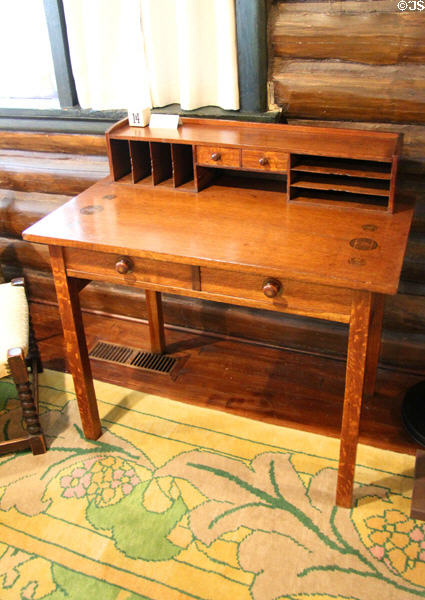 Oak writing table with inlay #720 variant (c1906-11) by Craftsman Workshops of Eastwood, NY at Gustav Stickley Museum at Craftsman Farms. Morris Plains, NJ.
