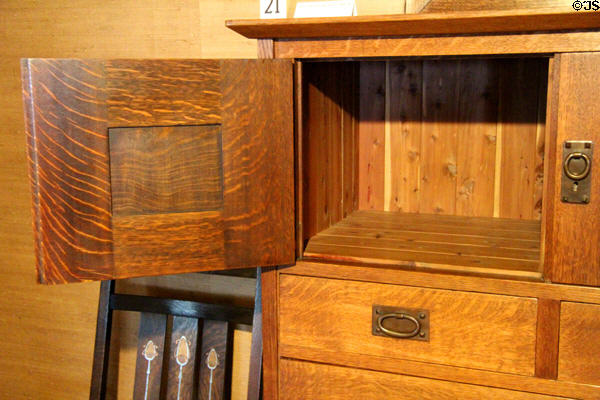 Detail of oak chest of drawers #614 (c1903-04) by Craftsman Workshops of Eastwood, NY at Gustav Stickley Museum at Craftsman Farms. Morris Plains, NJ.
