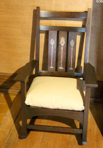 Inlaid Arts & Crafts rocking chair at Stickley Museum at Craftsman Farms. Morris Plains, NJ.