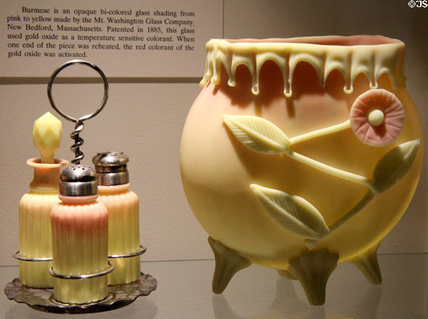 Burmese glass condiment set & vase (c1885) by Mt. Washington Glass Co. of New Bedford, MA at Museum of American Glass. Milville, NJ.