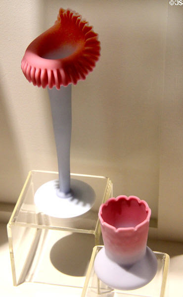 Peach Blow glass vase & spooner (c1886-8) by Mt. Washington Glass Co. of New Bedford, MA at Museum of American Glass. Milville, NJ.