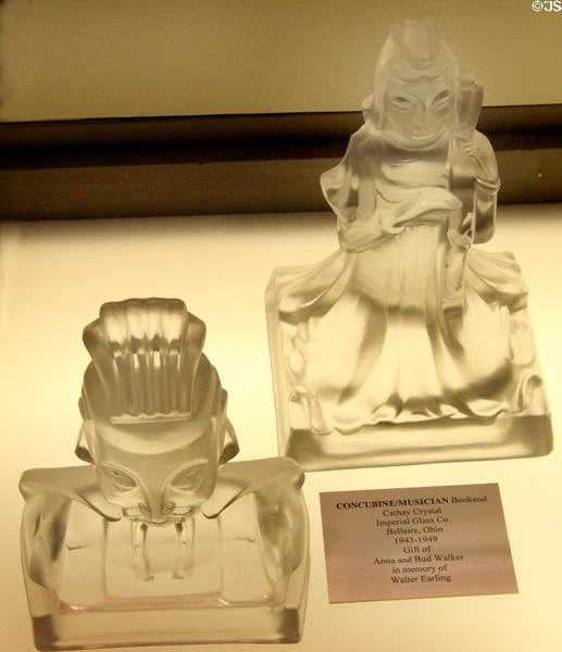 Cathay Crystal Lu-Tung & concubine bookends (1943-9) by Imperial Glass Co., Bellaire, OH at Museum of American Glass. Milville, NJ.