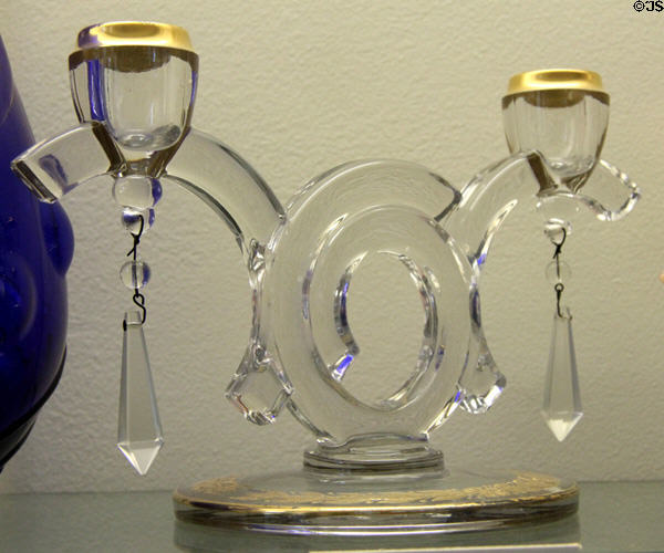 Pristine #502 glass candle sticks (1937) by Cambridge Glass Co. of Cambridge, OH at Museum of American Glass. Milville, NJ.