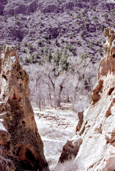 Remains of pueblo of Tyuonyi at Bandelier National Monument. NM.